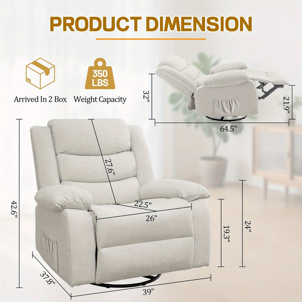 Rocking Chair with Massage And Heating Function, 360° Rotating Extra Large Recliner, Wide Rocking Chair for Adults with Side Poc