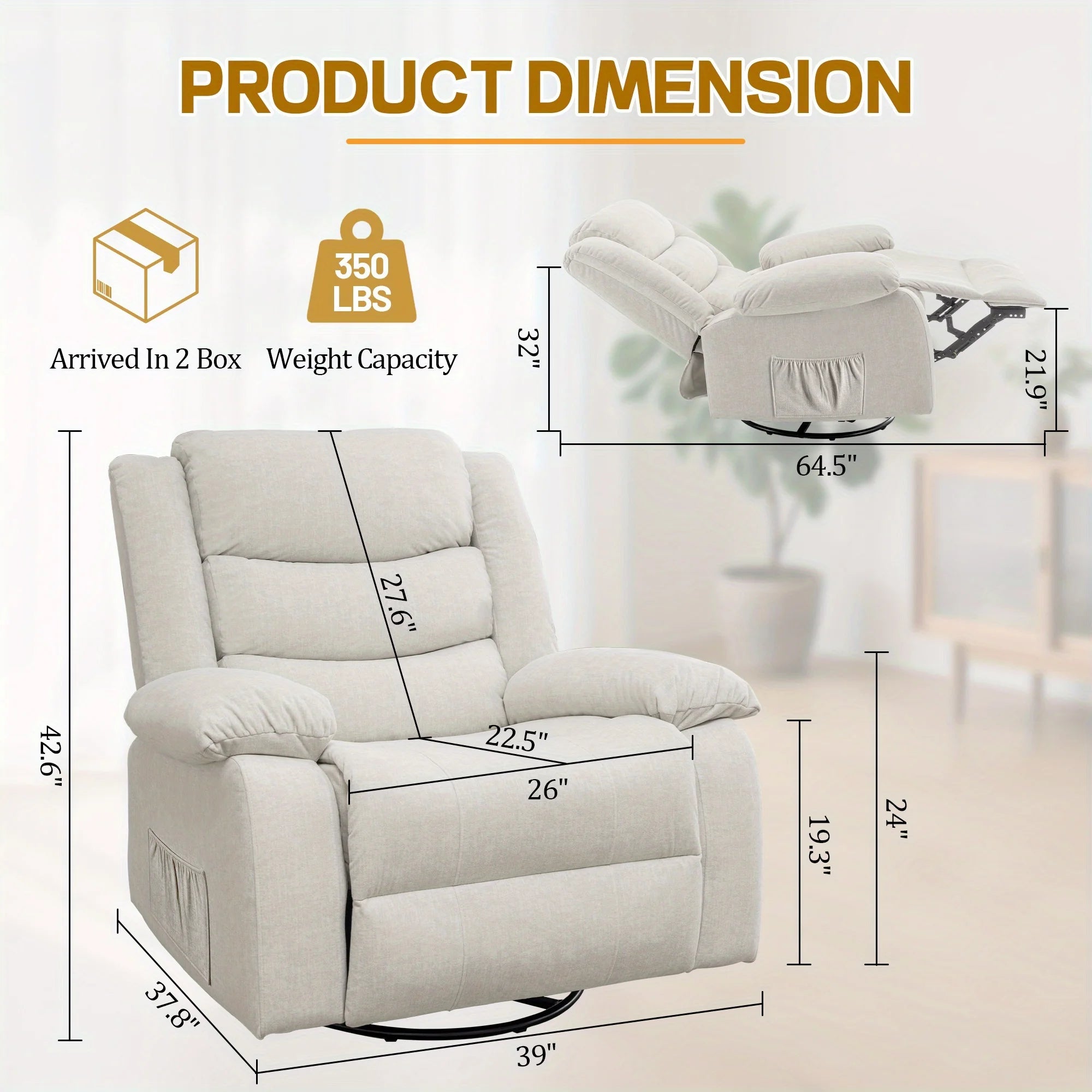 Rocking Chair with Massage And Heating Function, 360° Rotating Extra Large Recliner, Wide Rocking Chair for Adults with Side Poc