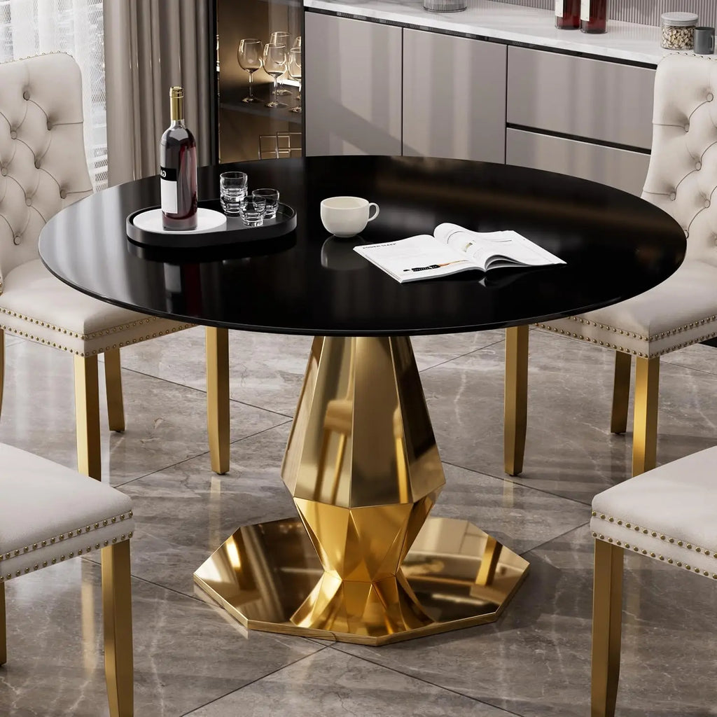 Round Dining Table 47" Black Glass Top Steel Base Modern Luxury Kitchen Dinner Table for 4-6 Home Living Room, Customized