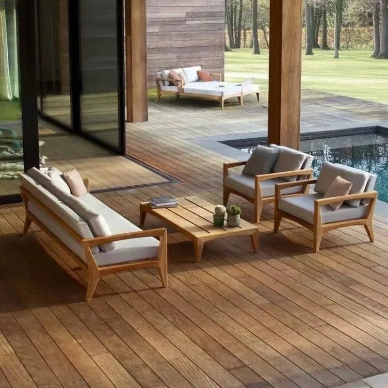 #Modern Teak Wood Outdoor Sectional Sofa Set Modular Eco-Friendly Durable Quick-Dry Waterproof Cushions for Garden Courtyard Use