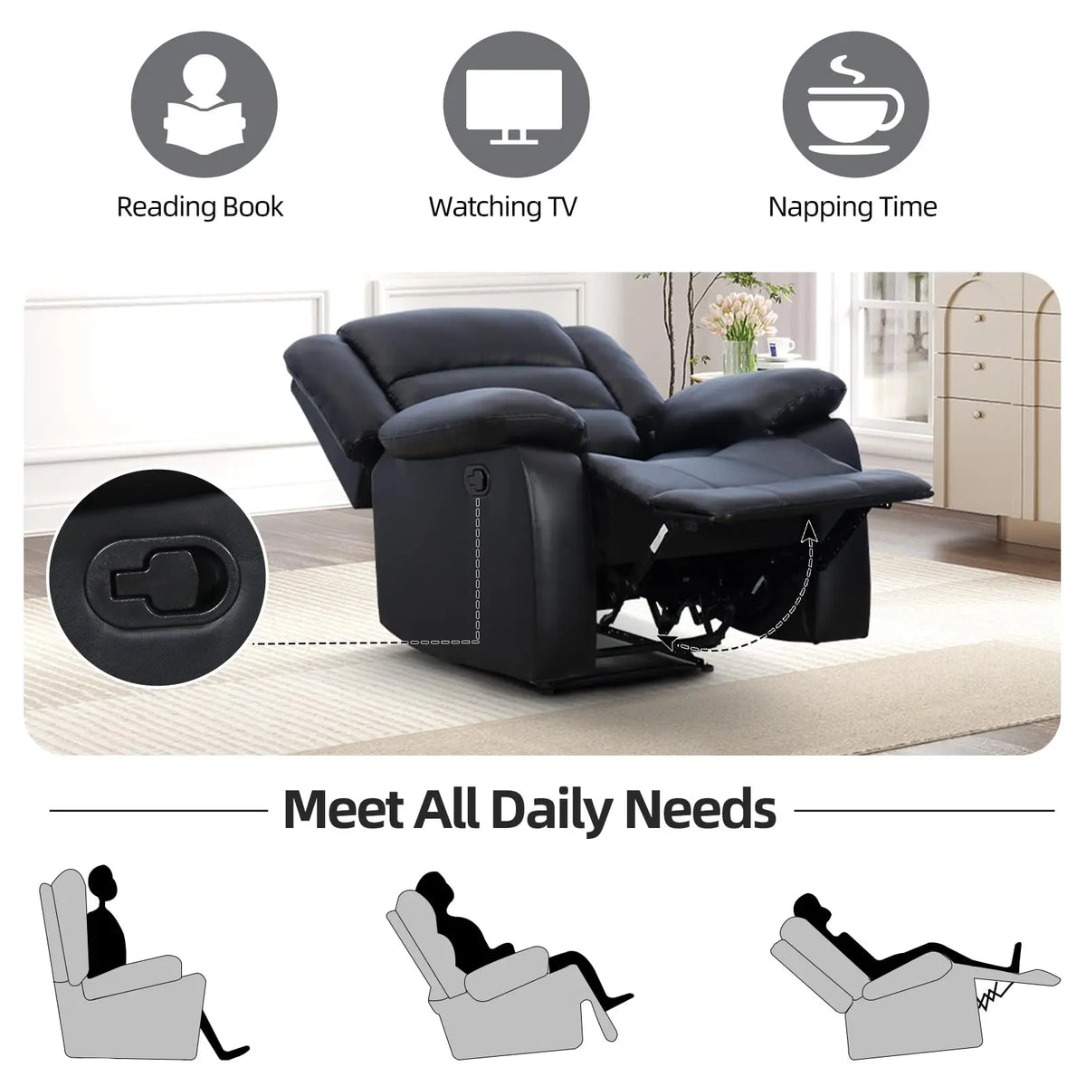 (Local US Inventory)Manual Recliner Chair Faux Leather Recliner with Overstuffed Arms and Back Classic Single a for Living Room