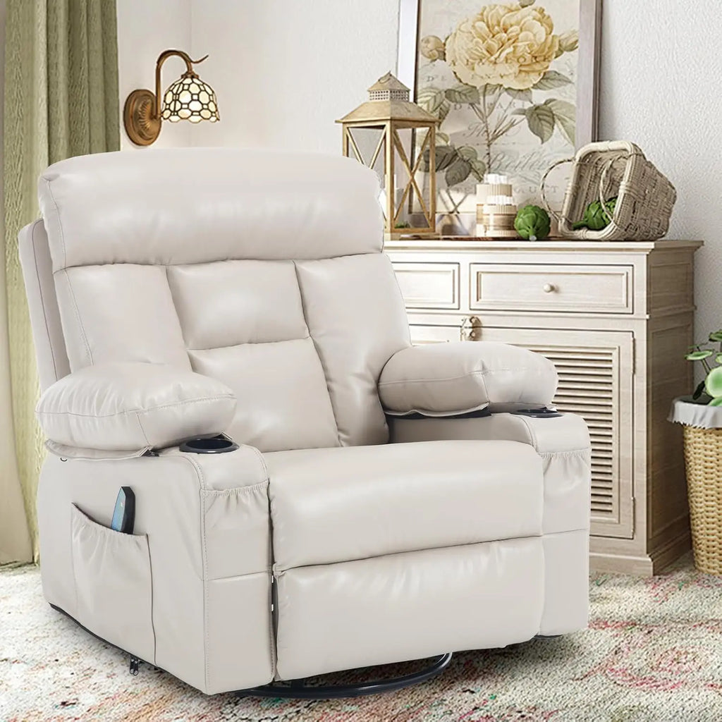Swivel Rocker Recliner with Heat and Massage, Heated Massaging Reclining Chair with Cup Holders, Faux Leather, Customized
