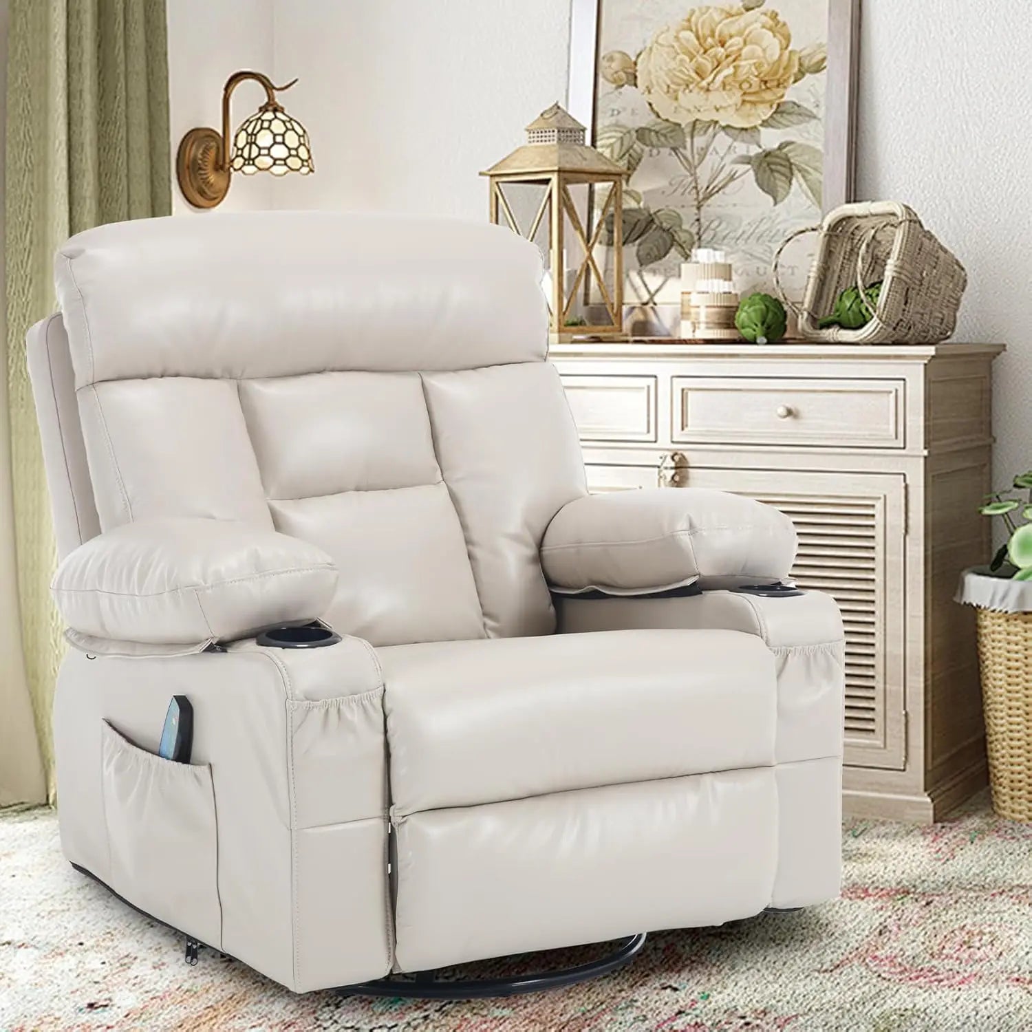 Swivel Rocker Recliner with Heat and Massage, Heated Massaging Reclining Chair with Cup Holders, Faux Leather, Customized