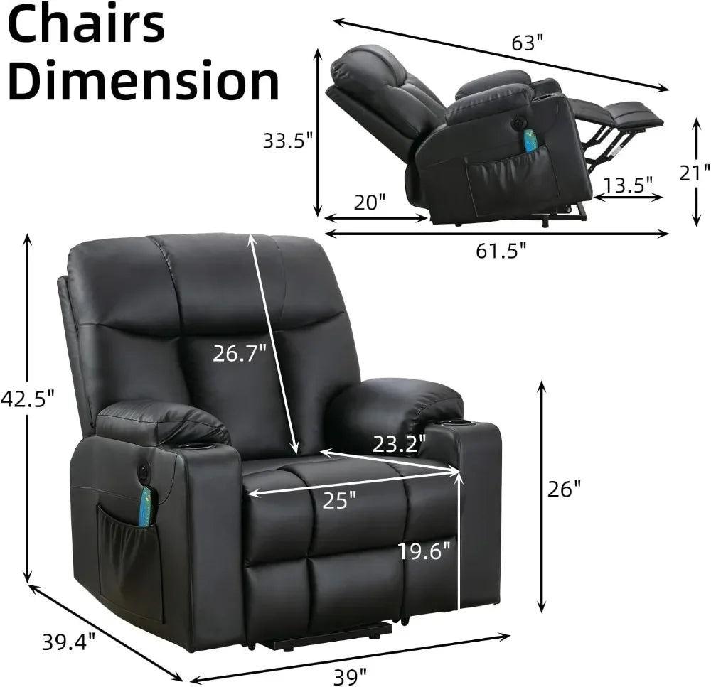 Extra Wide Lift Chair Heat Massage Power Recliner for Elderly 2 Cup Holders