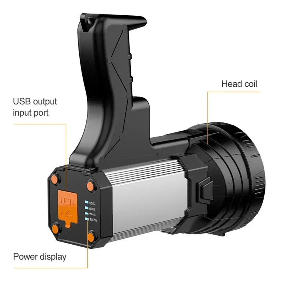 High Power Rechargeable Searchlight Powerful LED Work Light Spotlight Outdoor Flashlight Camping Lantern Torch Power Bank