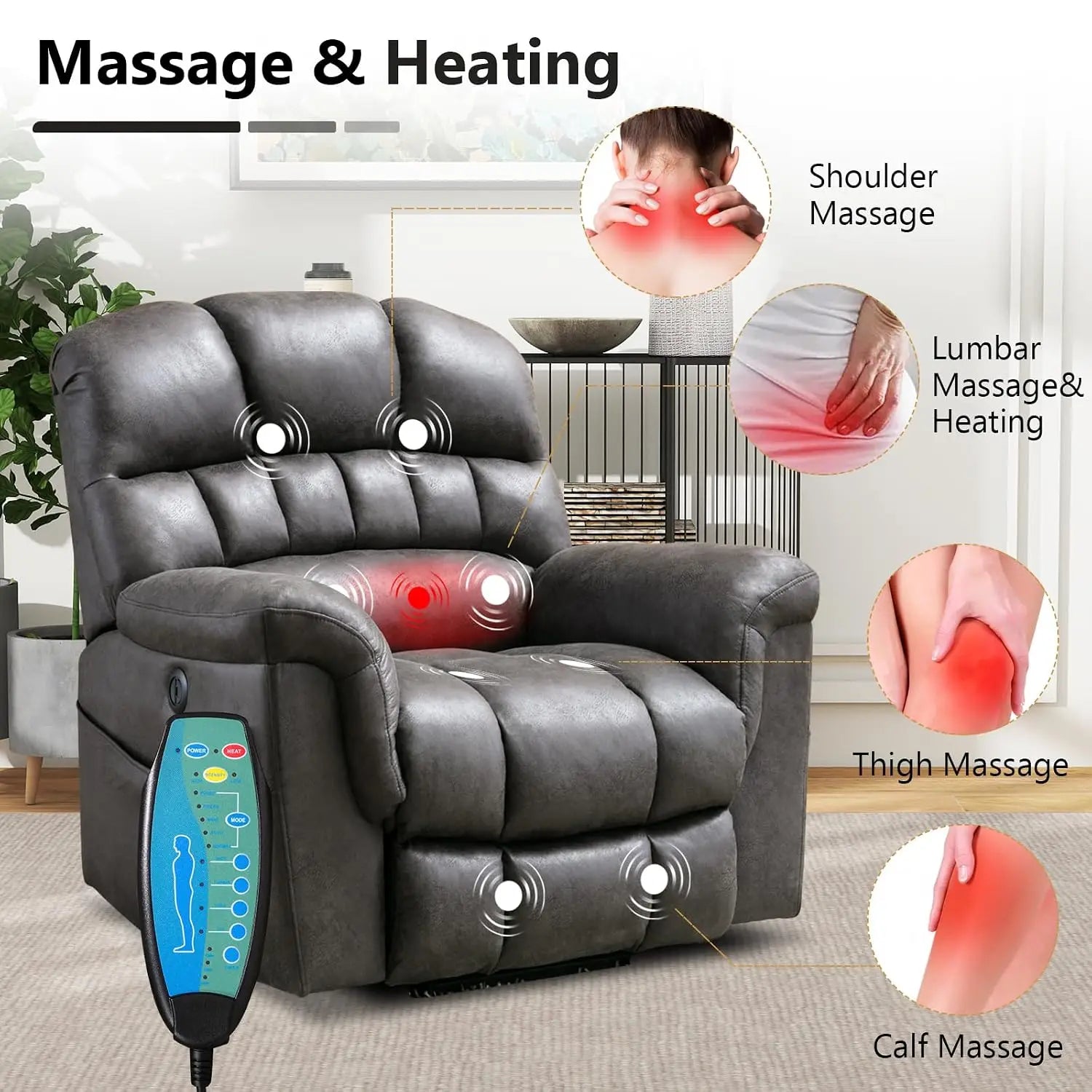Massage Recliner Chair, Overstuffed Rocker Lazy Boy Chairs with Vibration&Gently Heat,Fabric Ergonomic Manual Nursery, Custom
