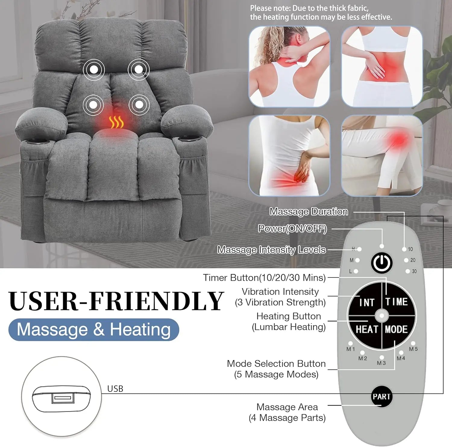 Massage Recliner Chair with Heat & Vibration, USB Port, Cup Holders - Grey Rocking Lounge Chair for Living Room