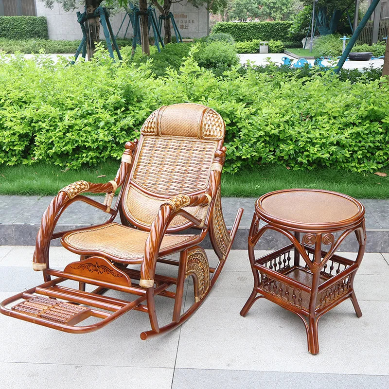 Balcony elderly rattan chair household large medium new Chinese real rattan recliner