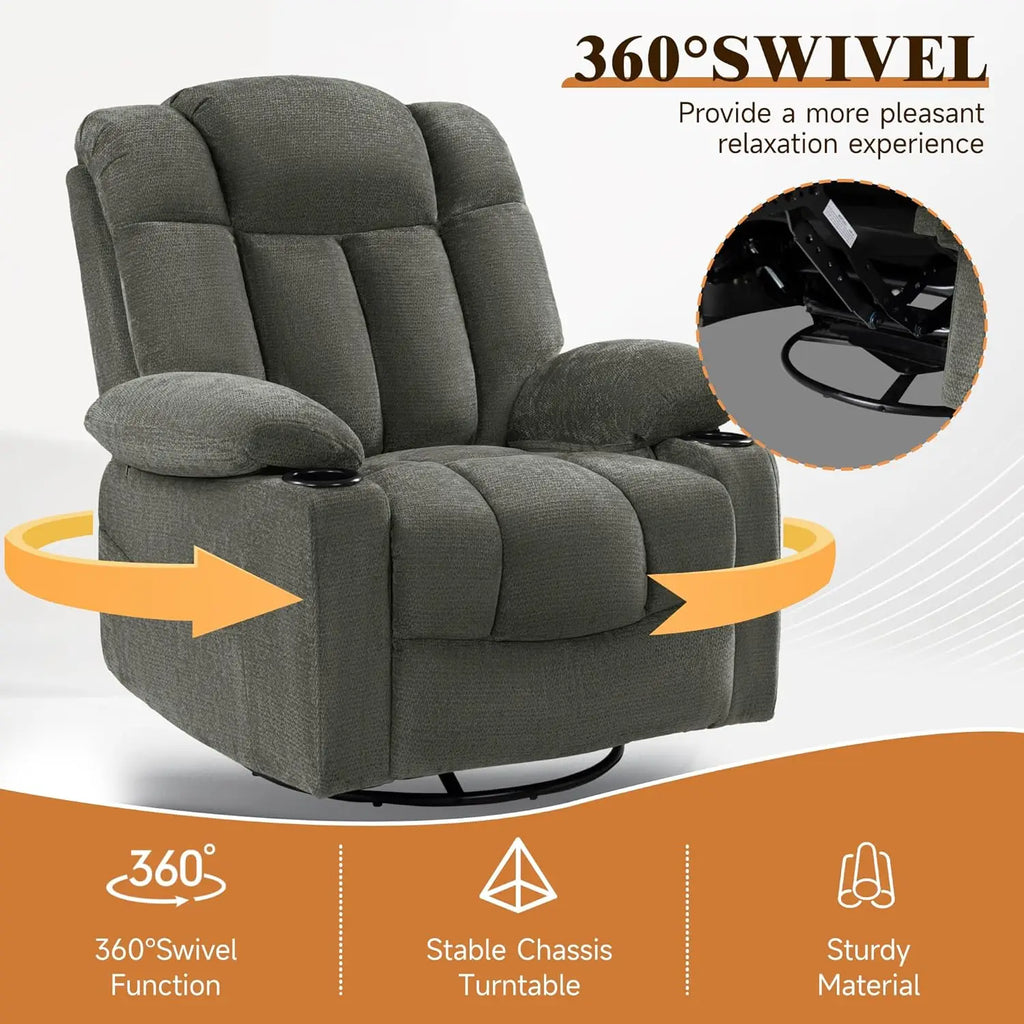 Swivel Rocker Recliner Chair for Adults, Manual Glider Sofa with Massage, Heat & Vibration, 360° Rocking for Living Room, Custom