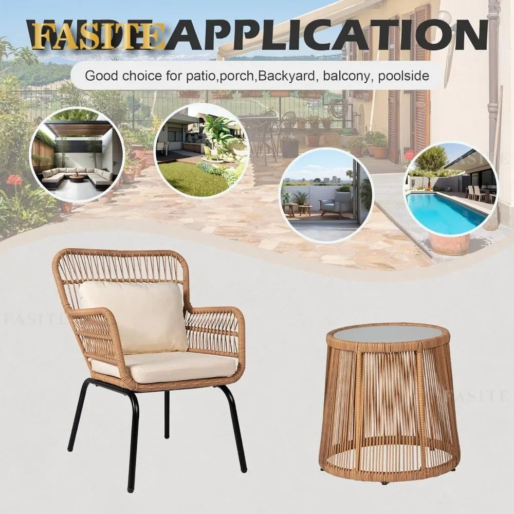 3 Piece Outdoor Wicker Furniture Bistro Set, Rattan Chairs Conversation Porch