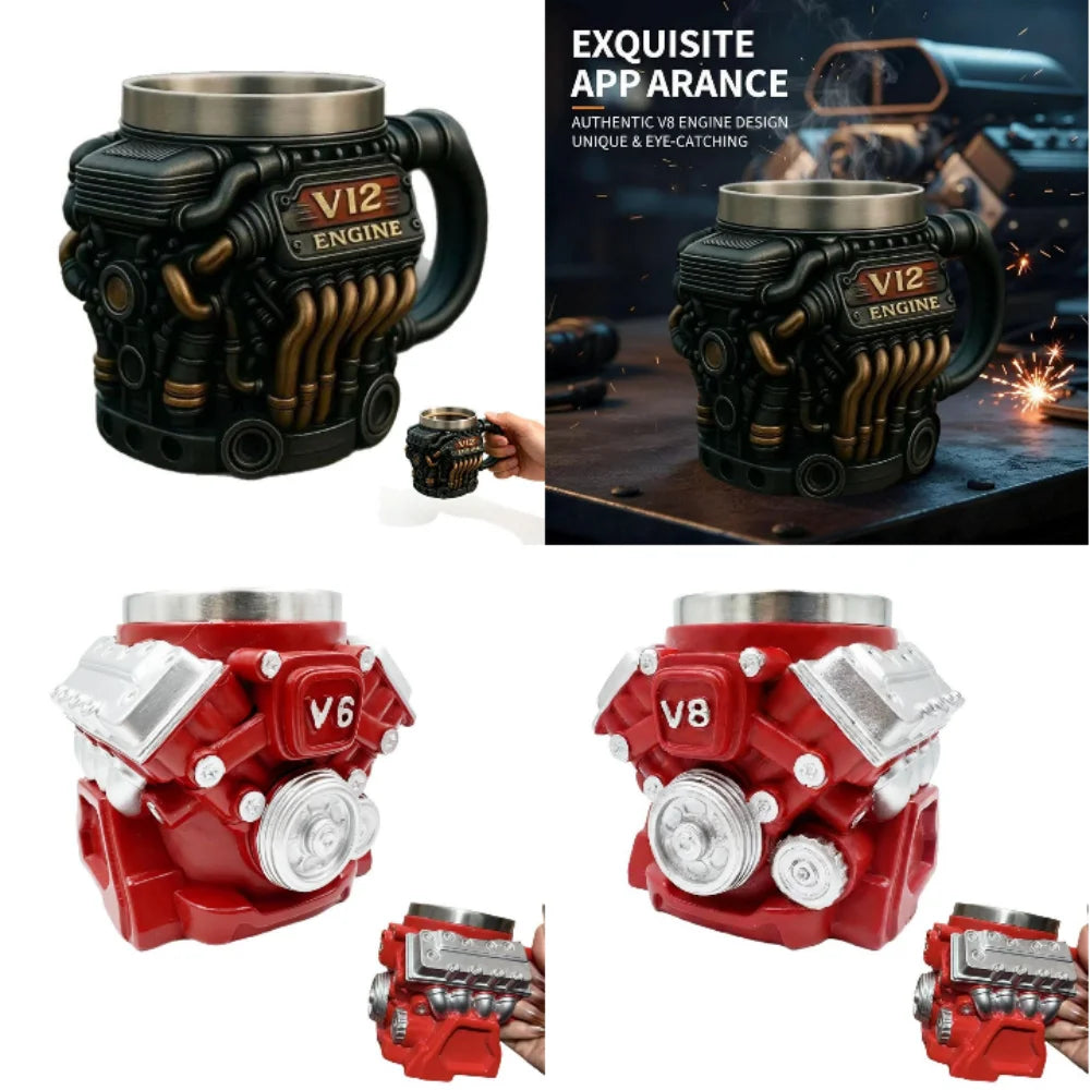 V6 V8 V12 Vintage Engine Coffee Cup Insulation Water Mug for Car Enthusiasts Mechanics Engineers Fathers Men Boyfriends Gifts