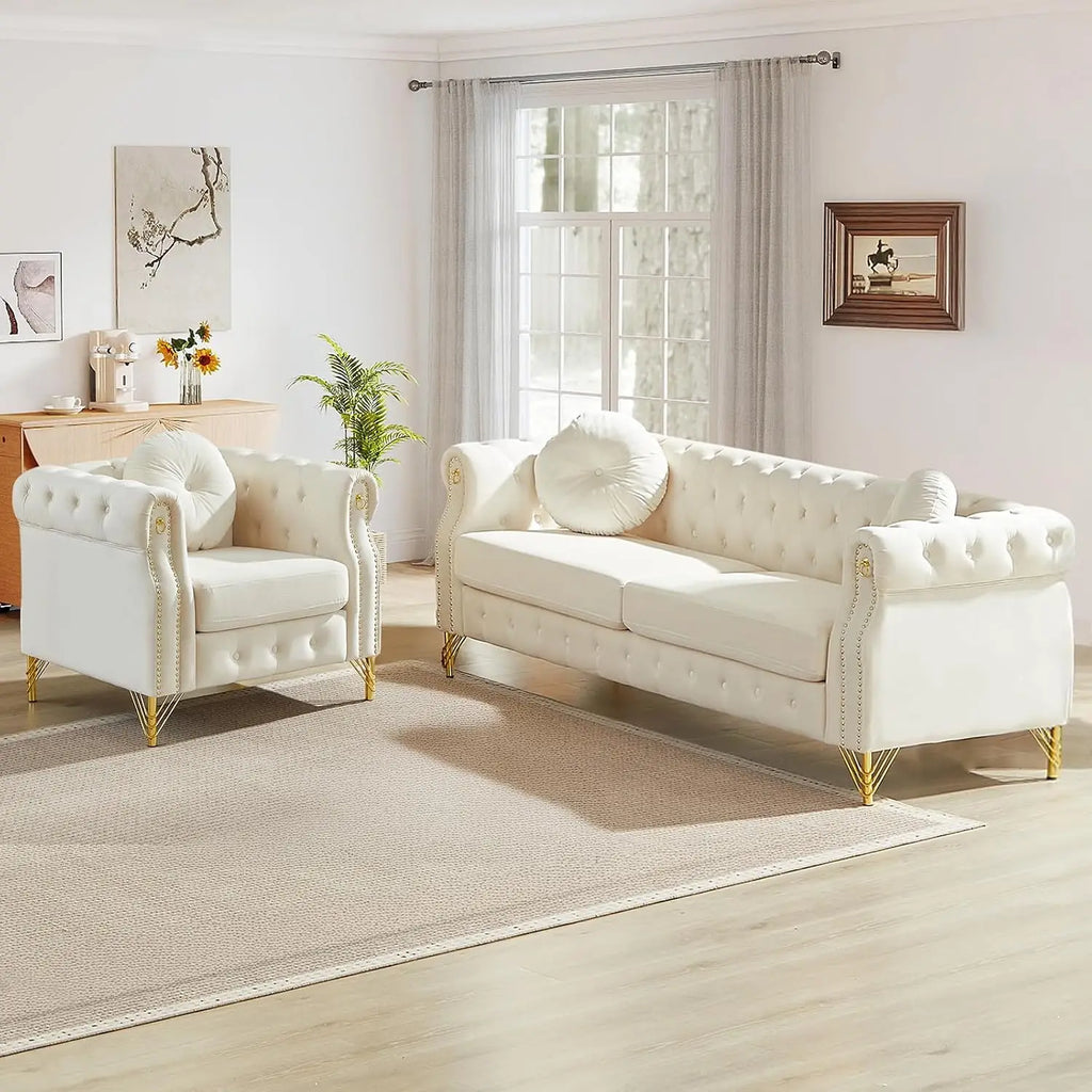 Sofa, Tufted Velvet Nailhead Trim Gold Legs, 3-Seater Deep Seat Living Room Bedroom Office 82" Beige, Customized