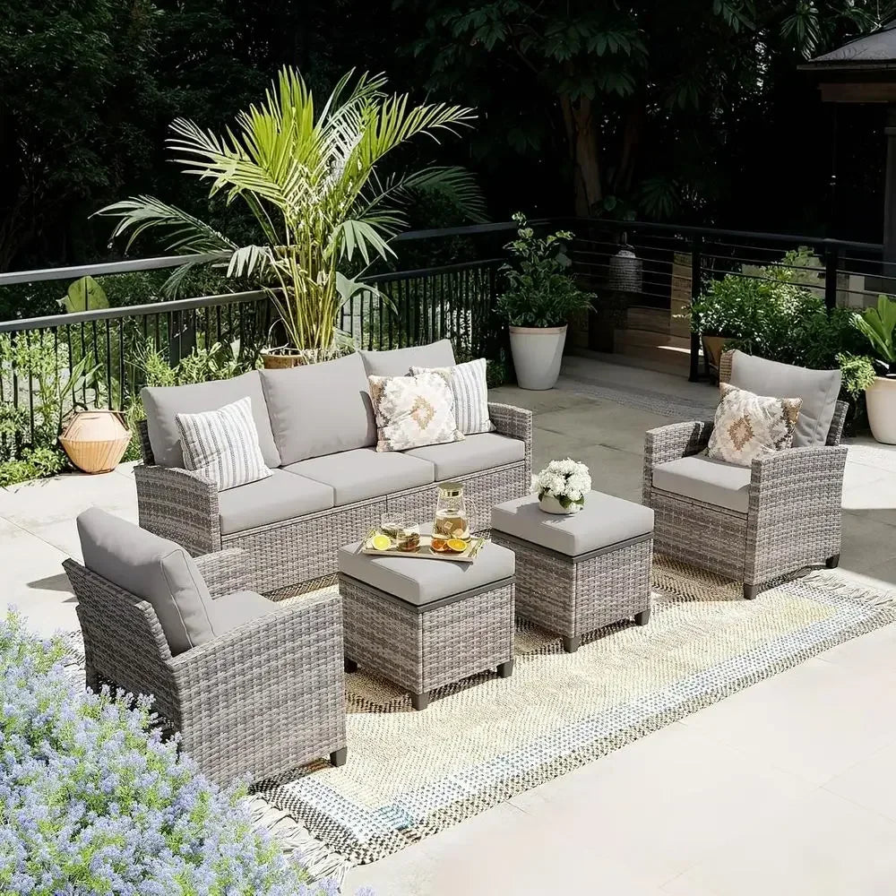 All-Weather 5-Piece Outdoor Sectional Patio Furniture Set, Wicker Sofa for Backyard, Porch, Poolside, Garden, Balcony - Gray & G