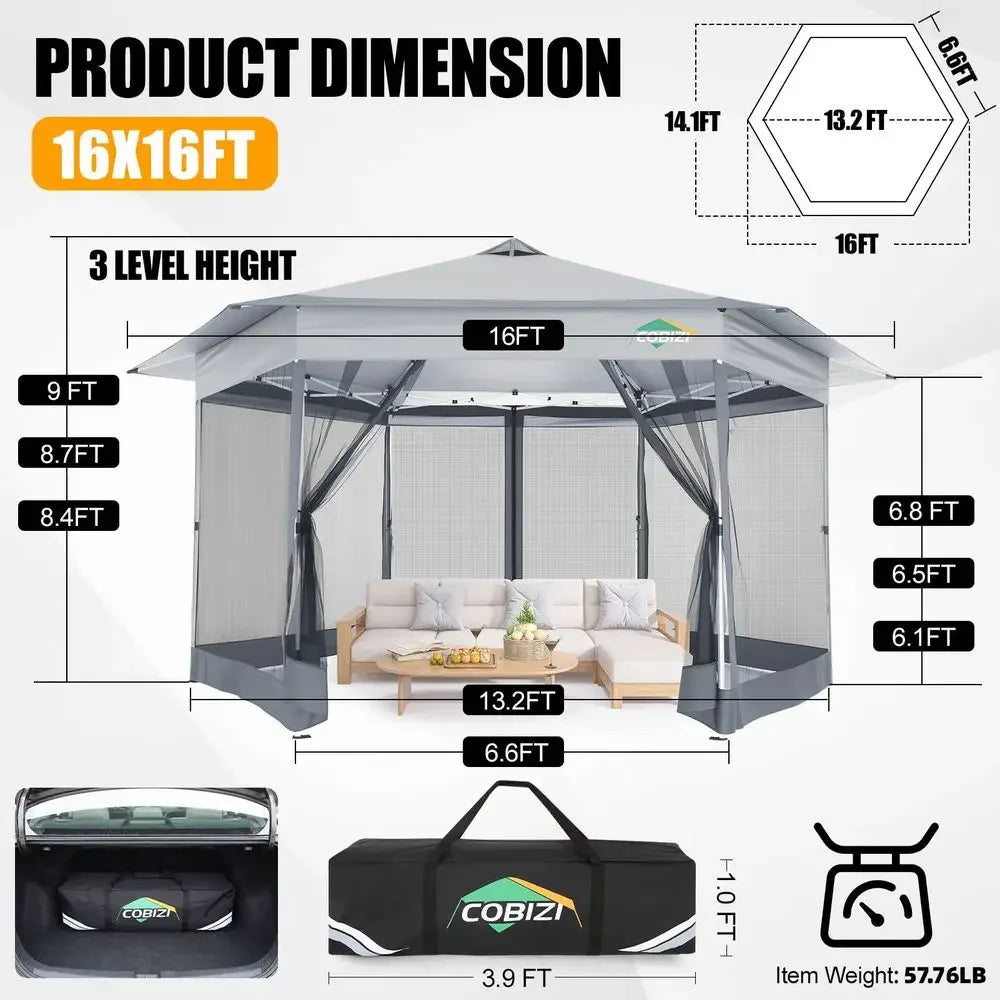 Pop Up Gazebo16x16 Tent with Mosquito Netting, White Gazebos on Clearance, Hexagonal Outdoor Canopy Shelter, Center Lock 6Sided
