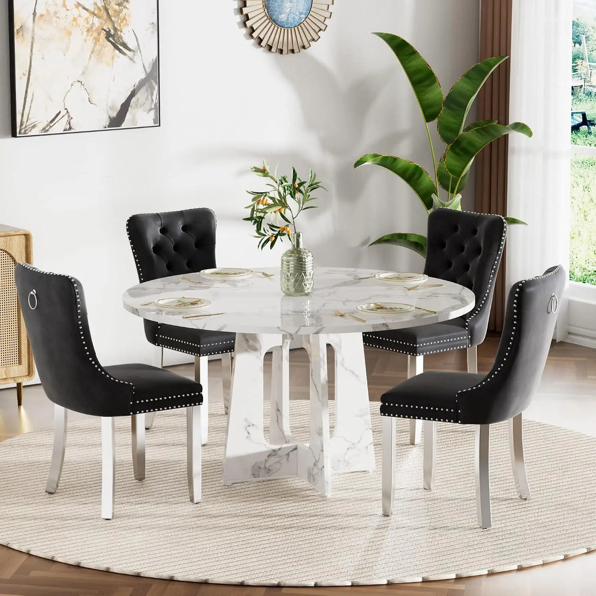 47" Round Farmhouse Dining Table Set, White Faux Marble with 4 Blue Velvet Chairs, Wooden Kitchen & Dining Furniture, Customized