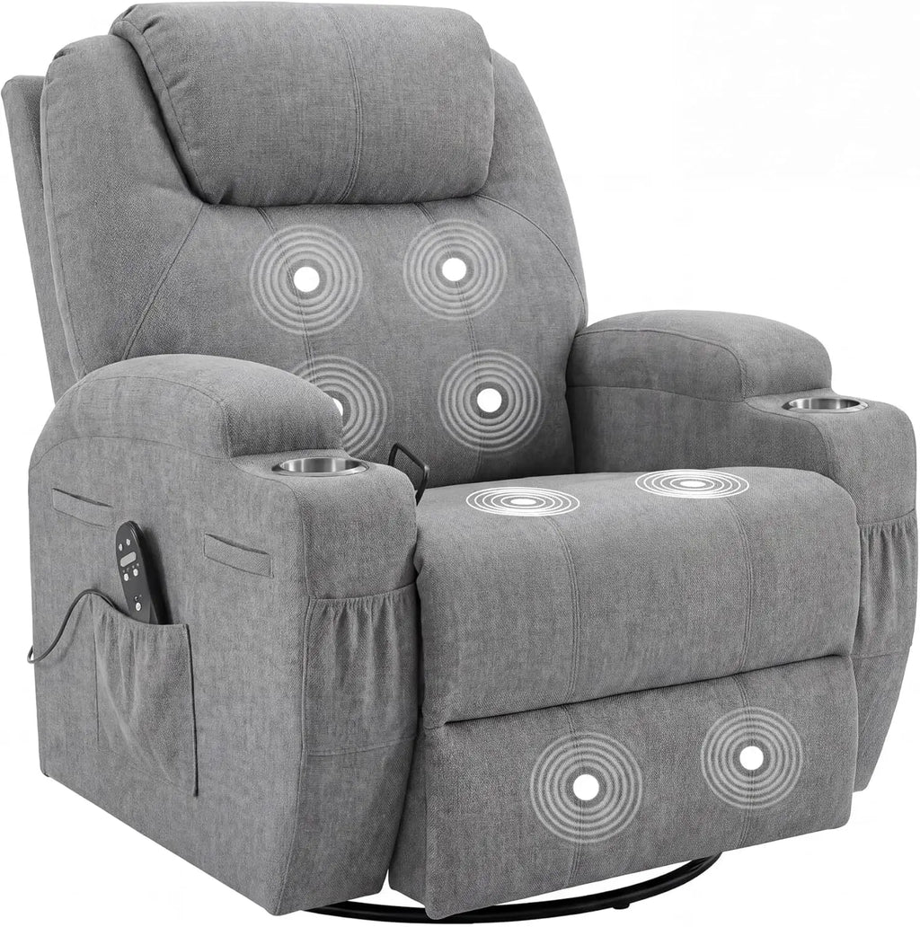 Small Swivel Rocker Recliner, 360 Rocking Chair Recliner with Massage, Upholstered Fabric Rocker Recliner with Cup Holder for Li