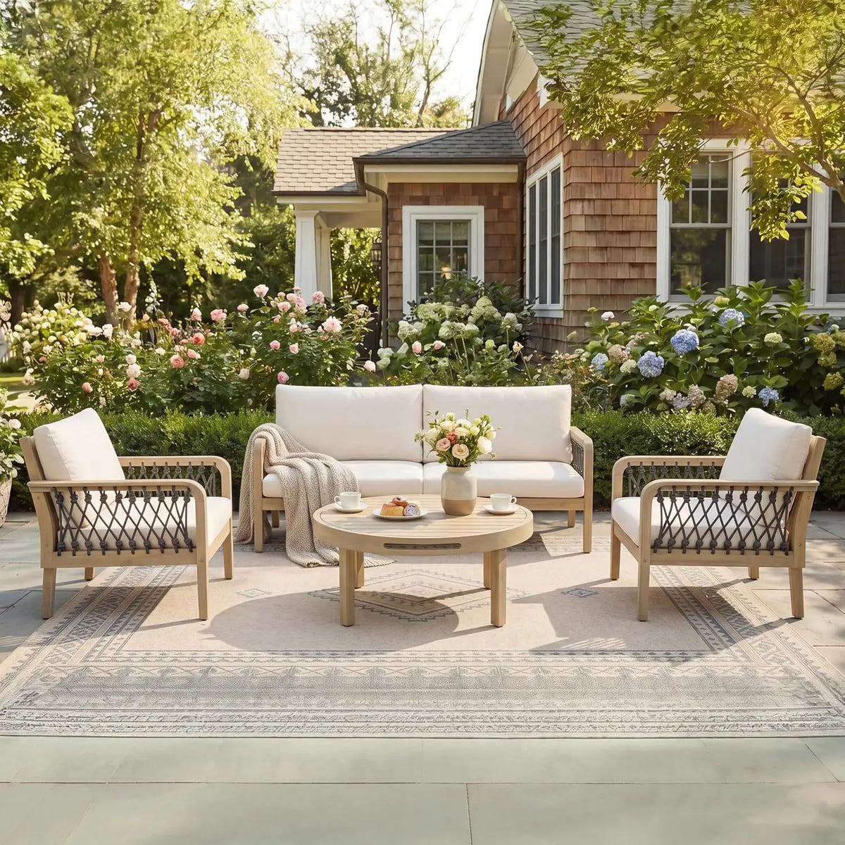 4-Piece Patio Set, All Weather Sectional w/ 2 Chairs, Loveseat & Table, Acacia Wood Outdoor Furniture with Cushions, Customized