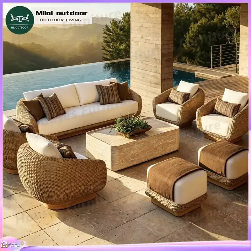 Luxury Rattan Outdoor Sofa Set Waterproof Garden Furniture Modern Villa Patio Couch Wicker Sectional Seating for Courtyard