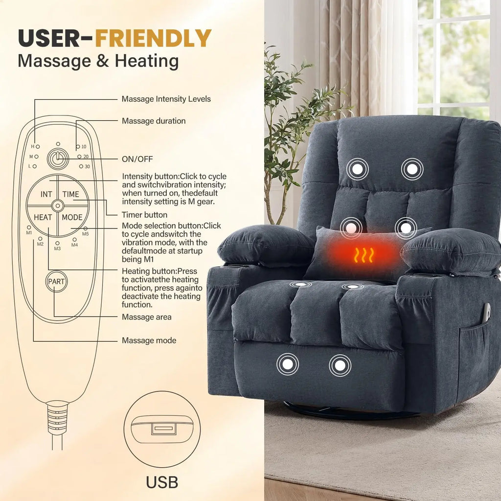 Recliner Chair with Vibration Massage and Lumbar Heat for Living Room, Oversized Ergonomic Swivel Rocking Chair, Featuring Side