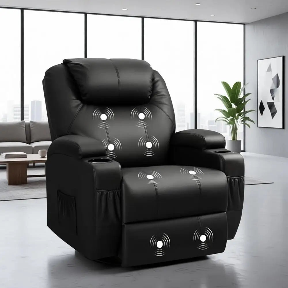 Black Leather Swivel Rocking Recliner Chair with Massage and Cup Holders for Living Room, Bedroom, or Nursery