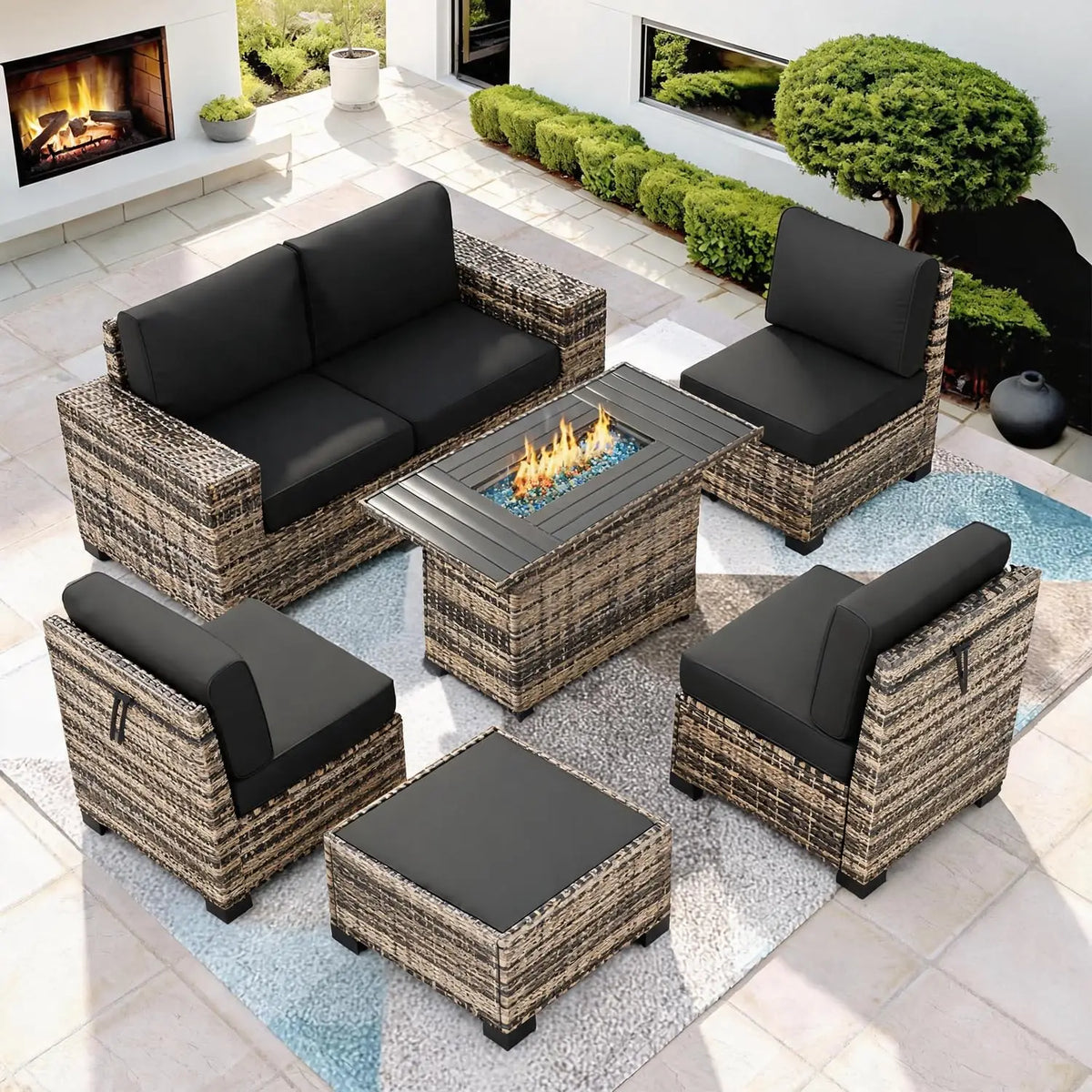 Patio Furniture Set with 44'' Fire Pit Table, 7 Pcs Outdoor Sectional Sofa |  Conversation Sets Brown Wicker Rattan, Customized