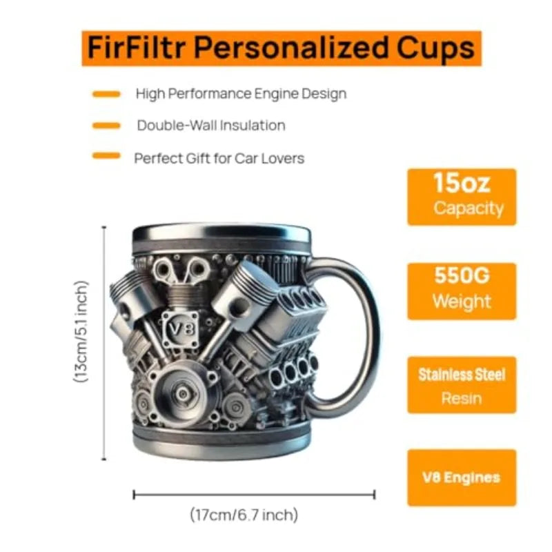 V8/V6 Engine Stainless Steel Cup 3D Piston Coffee Mug Barbecue Beer Stein Tea Cups Creative Mechanic Gifts For Car Lovers Men