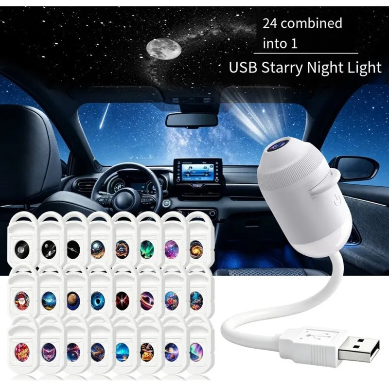 USB Mini Galaxy Star Projector Night Light With 24X Slides Two In One For Car Interior& Home Decor