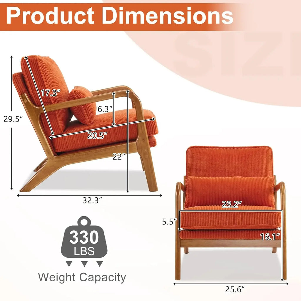 Mid-Century Modern Accent Reading Chair, Orange | Corduroy Upholstered, Solid Wood Frame, Soft Cushion, Lumbar Pillow, Lounge Ar