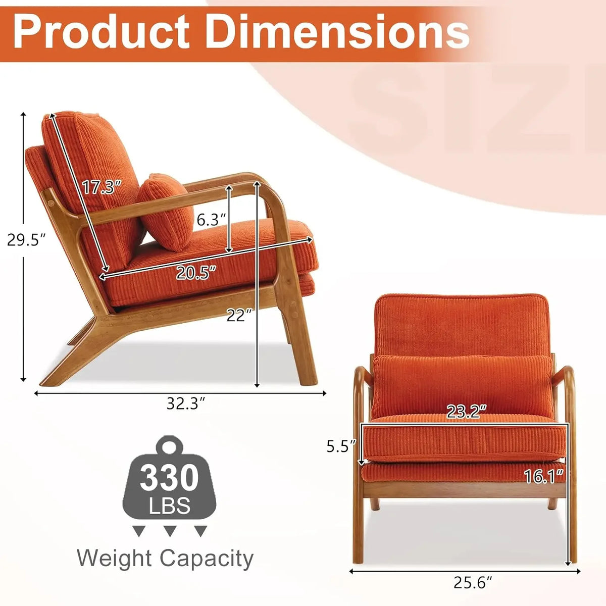 Mid-Century Modern Accent Reading Chair, Orange | Corduroy Upholstered, Solid Wood Frame, Soft Cushion, Lumbar Pillow, Lounge Ar