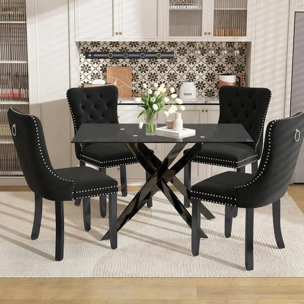 51" Glass Dining Table Set for 4, Grey | Tempered Glass Top, Silver Metal Legs, Velvet Chairs, Modern Dining Room Set, Custom