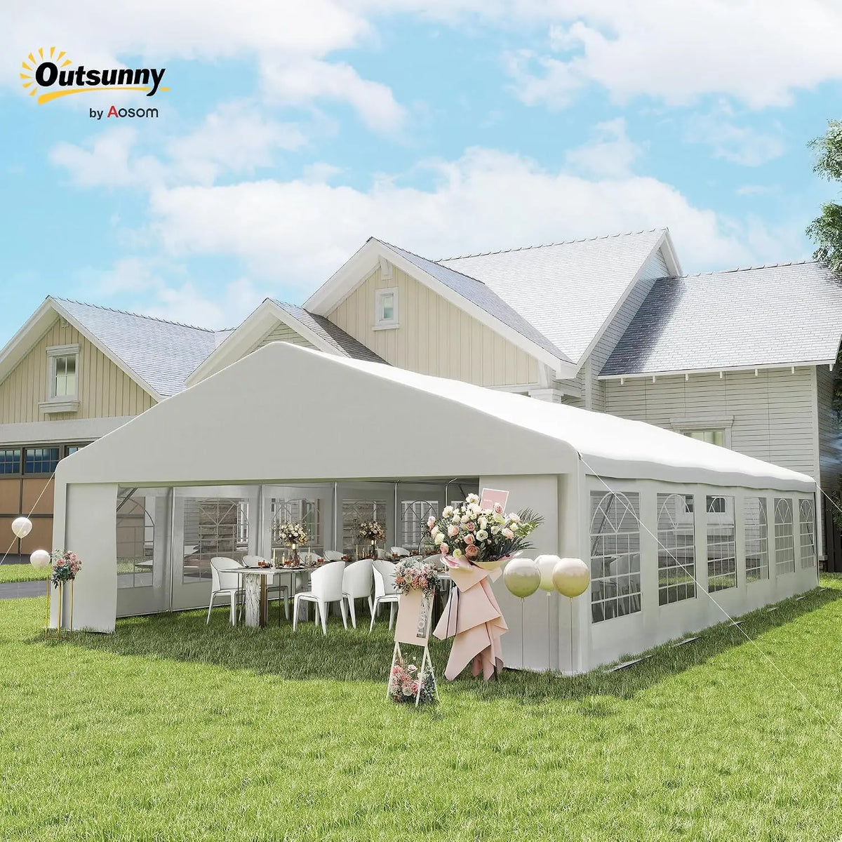 23 x 39 ft Heavy Duty Party Tent with Removable Sidewalls, White, Custom