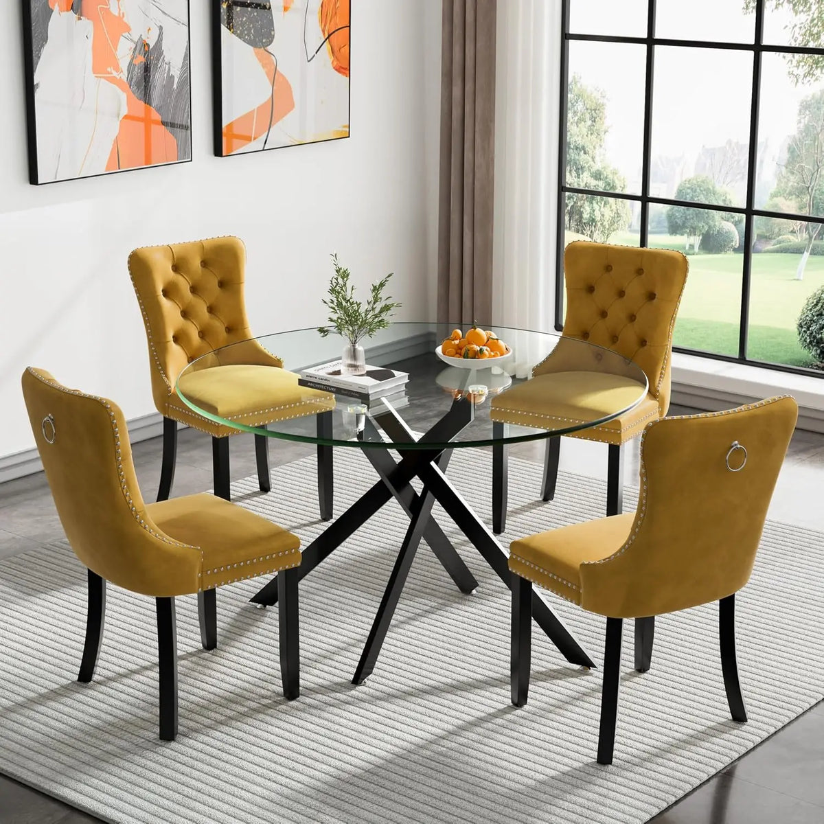 5-Piece Round Glass Dining Table Set for 4, 47.2" Circle Table with 4 Tufted Chairs for Kitchen Home Office, Customized