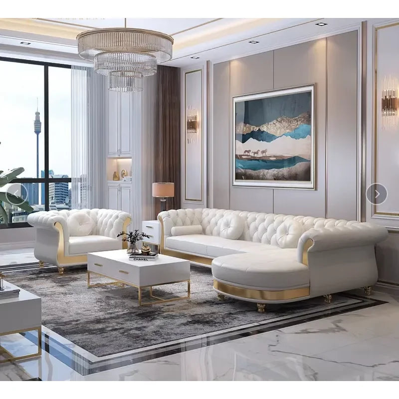 High Quality Italian Leather Modular Sofa Set White Villa Sofa for Living Room & Hotel Genuine Leather Furniture