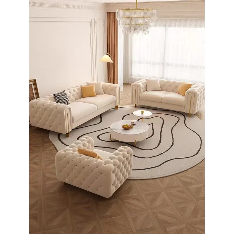 Modern French Style High Back Armchair Luxury Fabric Buckle Sofa Living Room Furniture for Small Apartment Simple Flannel
