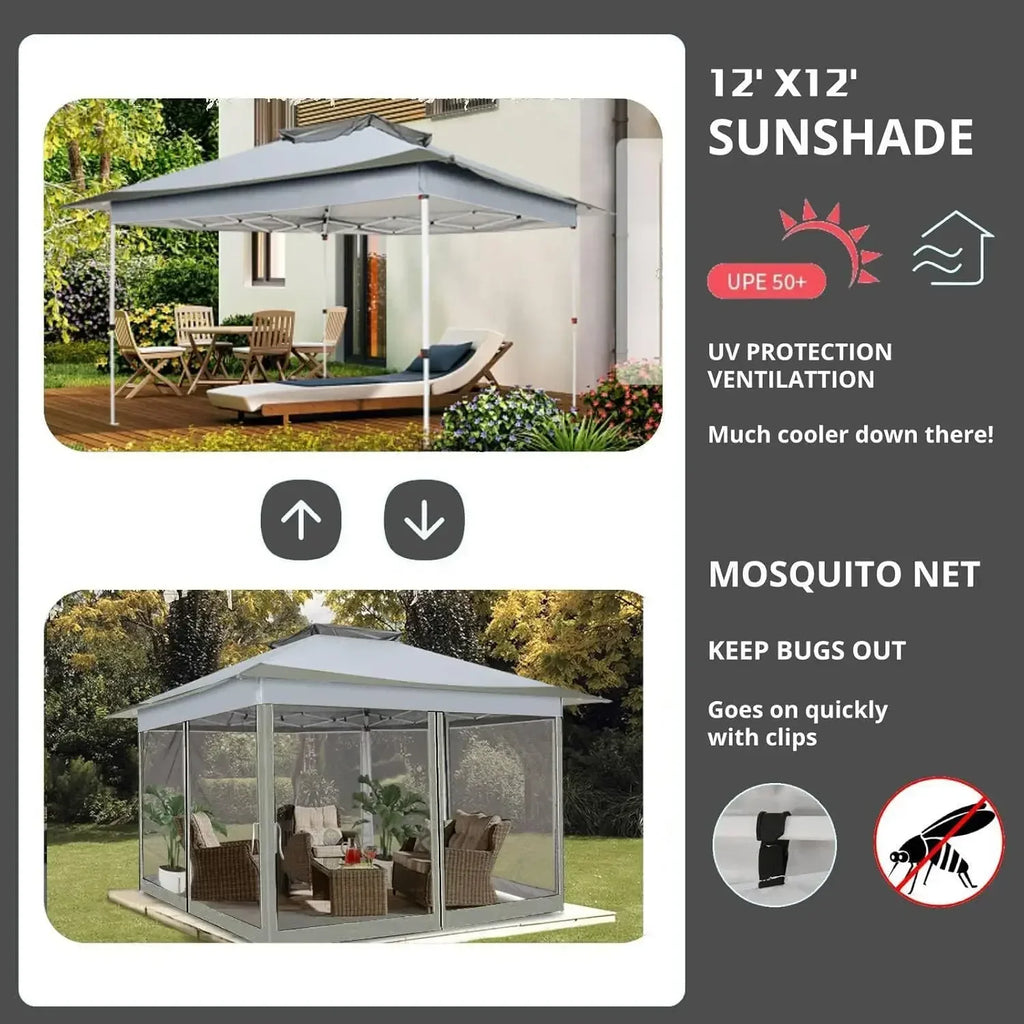 11x11 Pop Up Gazebo with Netting, Canopy Tent, Gray