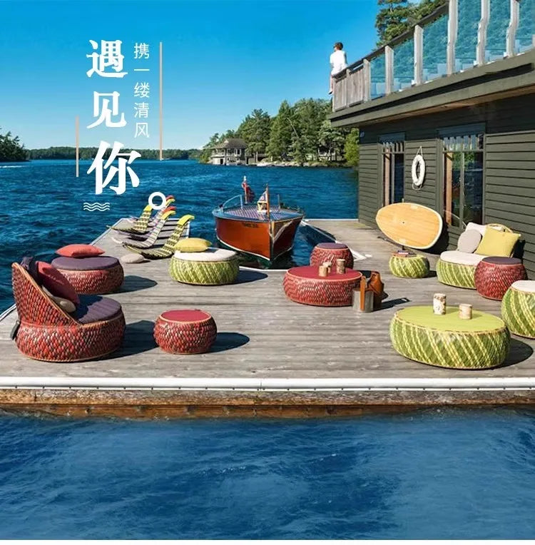 Outdoor rattan weaving leisure creative balcony small furniture outdoor courtyard garden tea table combination