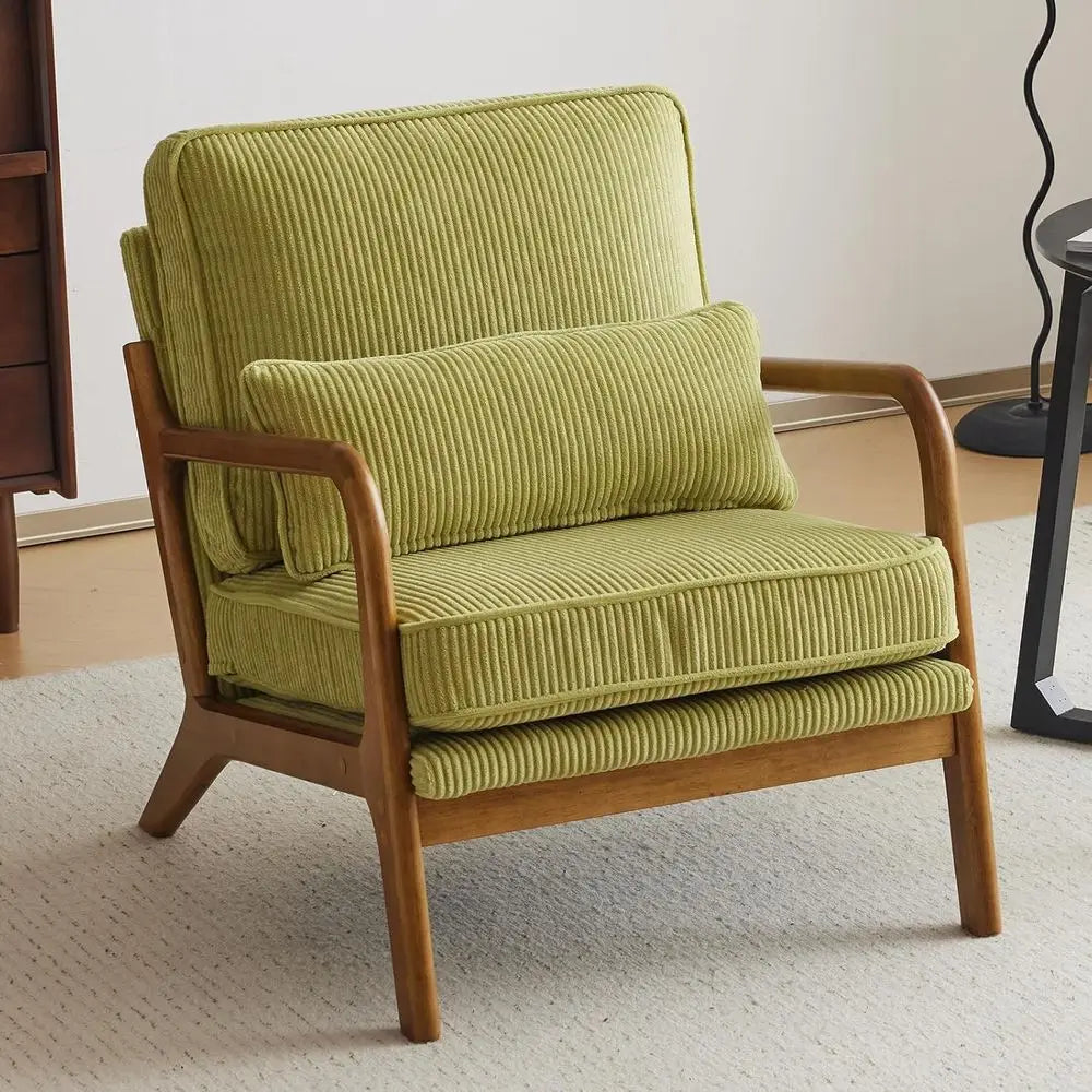 Upholstered Corduroy Accent Chair, Solid Wood, Comfortable Reading Chair with Pillow, Suitable for Living Room, Bedroom, Green