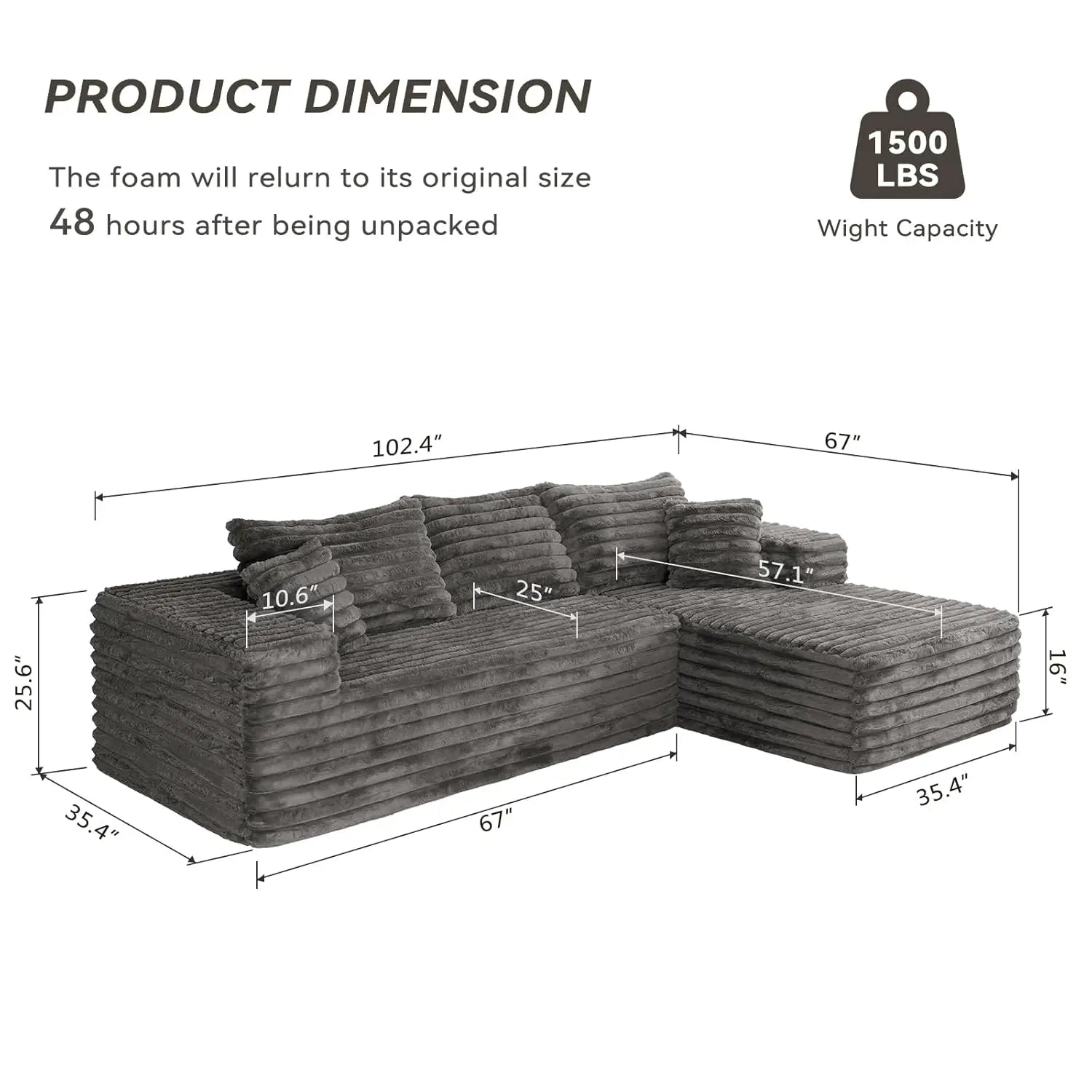 103" L Shaped Sectional Boneless Couch for Living Room, Modern Modular Cloud Sofa with Right Facing Chaise, Comfy, Customized
