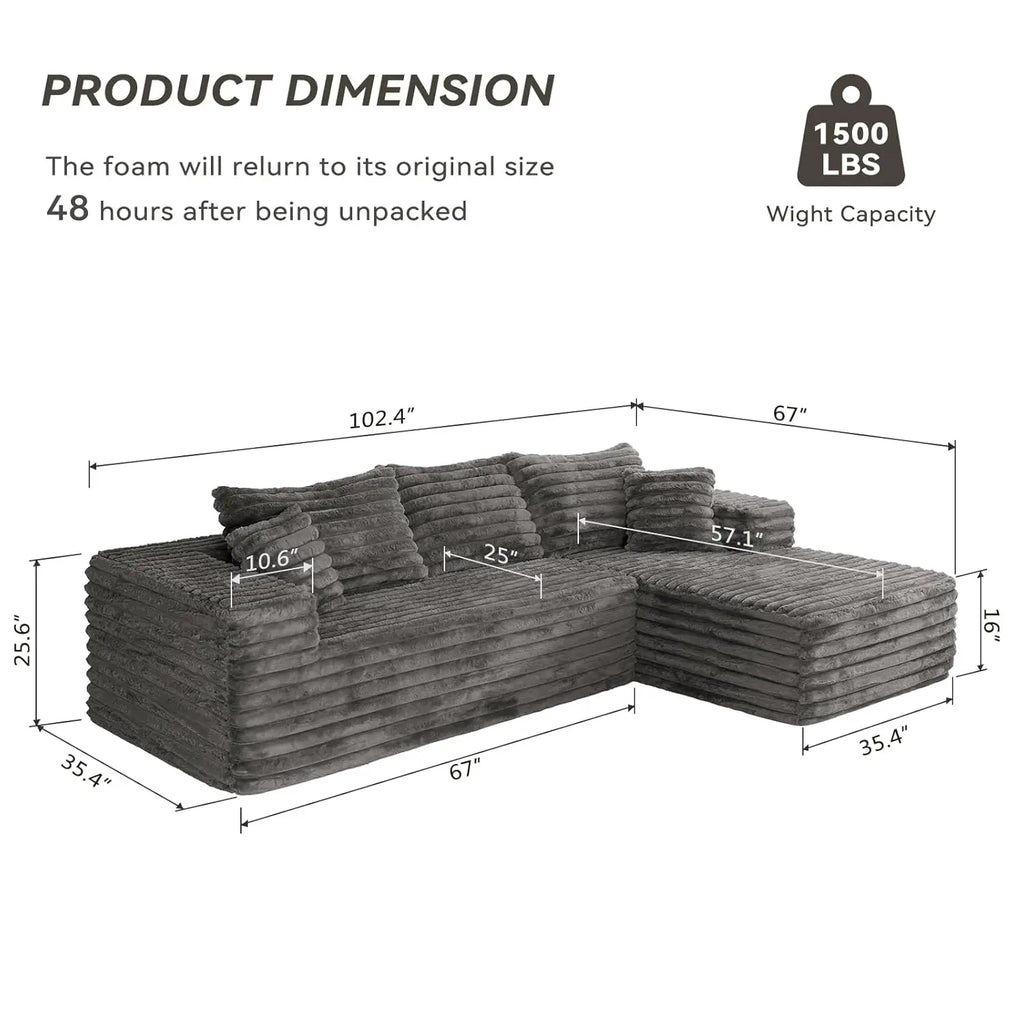 103" L Shaped Sectional Boneless Couch for Living Room, Modern Modular Cloud Sofa with Right Facing Chaise, Comfy, Customized