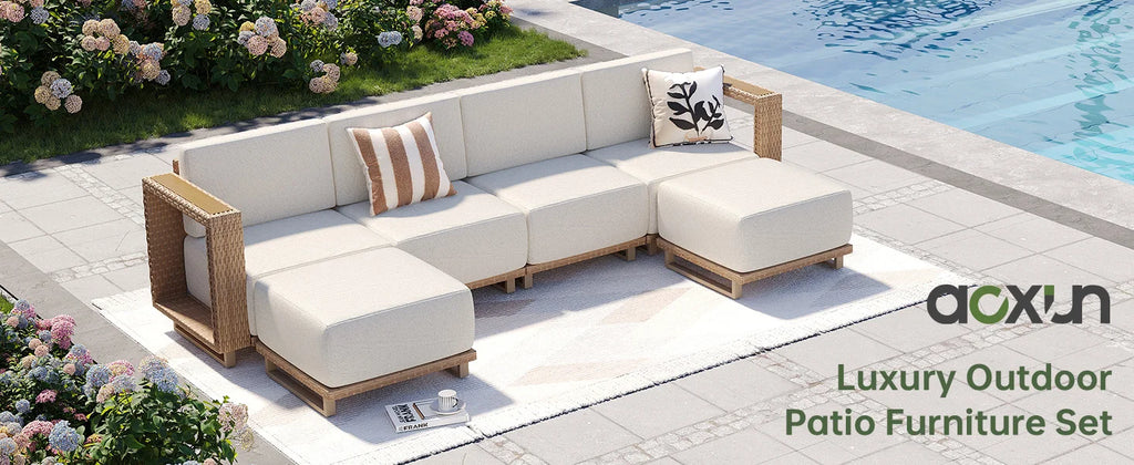 Aoxun Patio Furniture Set, 6 Piece Outdoor Wicker Sofa, Yellow/Beige | All‑Weather Rattan Modular Sofa with 10'' Ultra‑Thick Cus