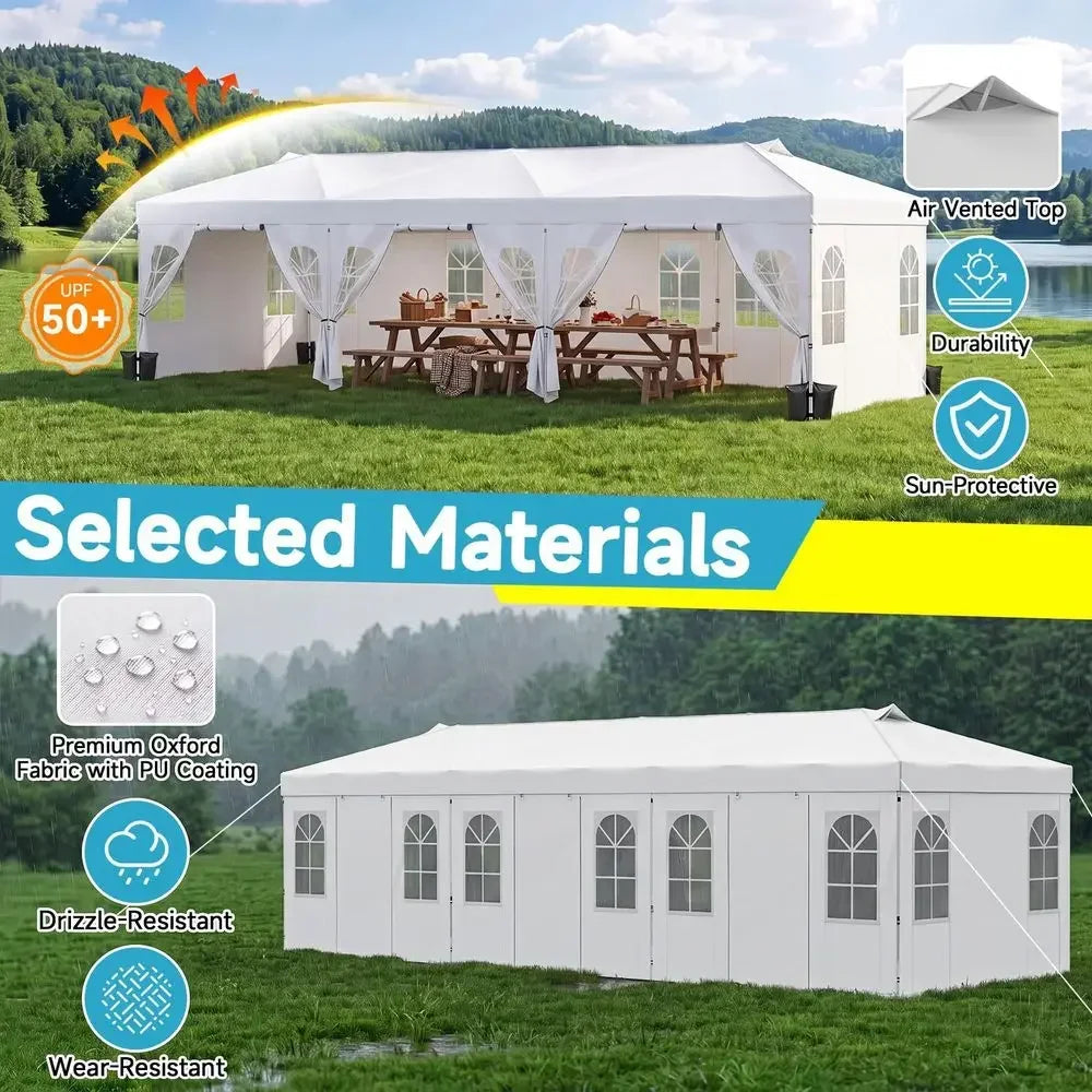 10x30 FT Pop Up Canopy with Center Lock, Outdoor Tent with 8 Sidewalls, Rollup Door, 4 Sandbags, 17 Stakes, 8 Wind Ropes, Carry