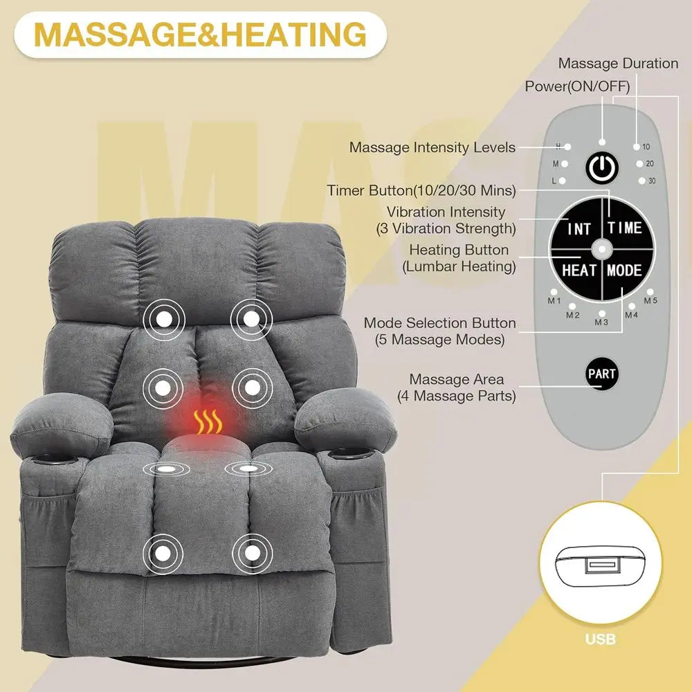 Oversized Massage Recliner Chair, Oversized Rocker Lazy Boy Chairs with Vibration & Gently Heat, Ergonomic Manual Nursery Chair