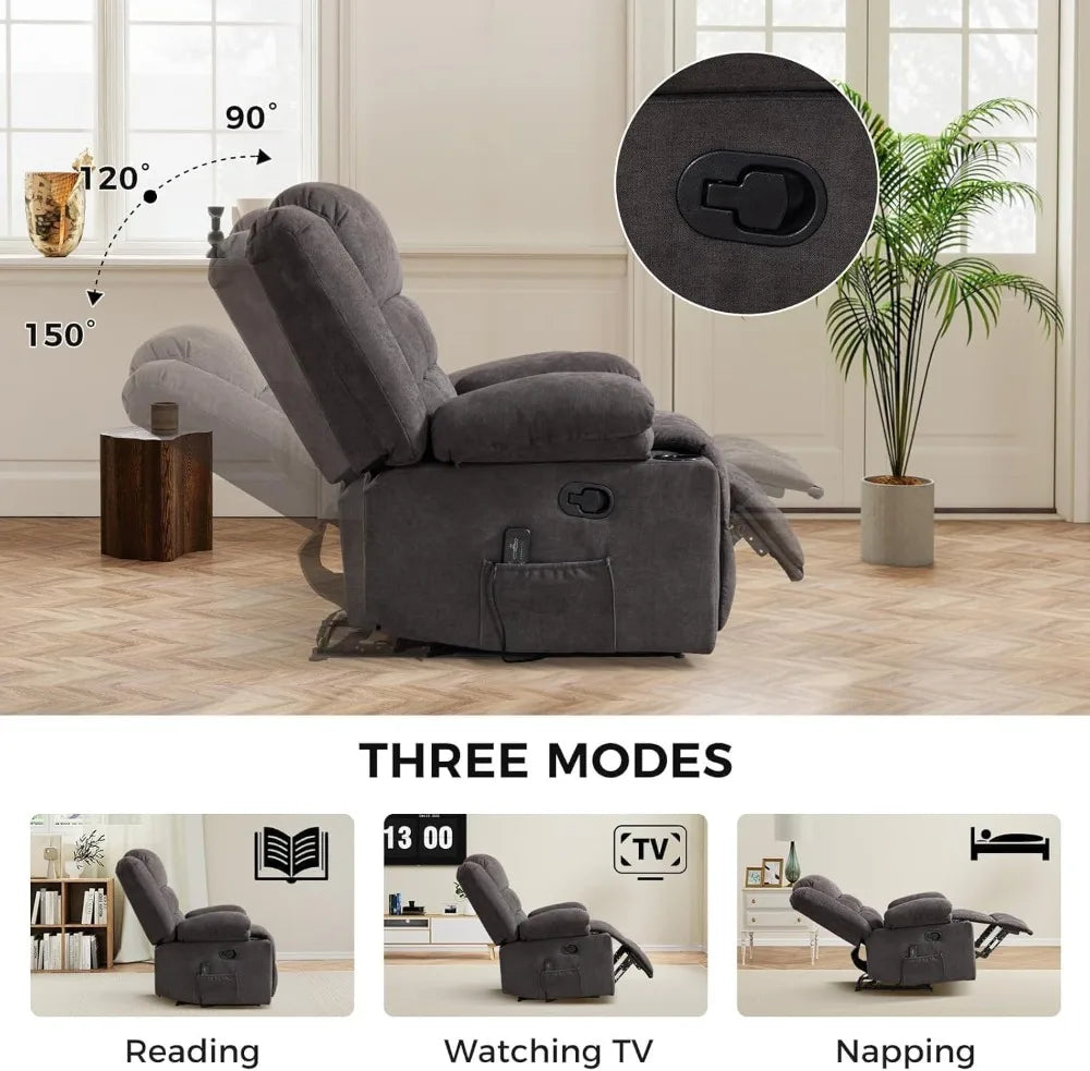 Manual massage heated adult recliner, armchair with two cup holders and side pockets, living room recliner sofa, gray