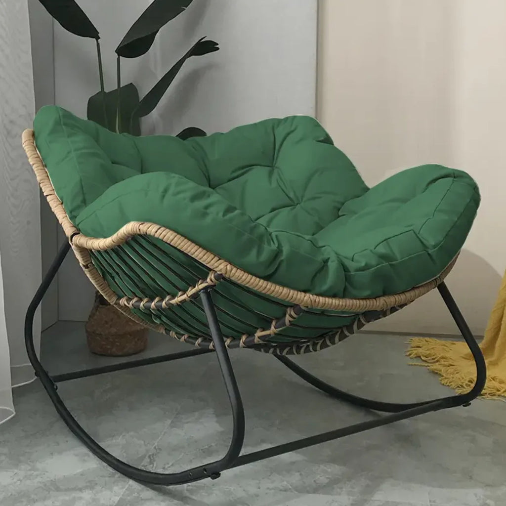 The Papasan rocking chair is suitable for outdoor use. This all-weather wicker Papasan patio chaircomeswithcushions and pillows.