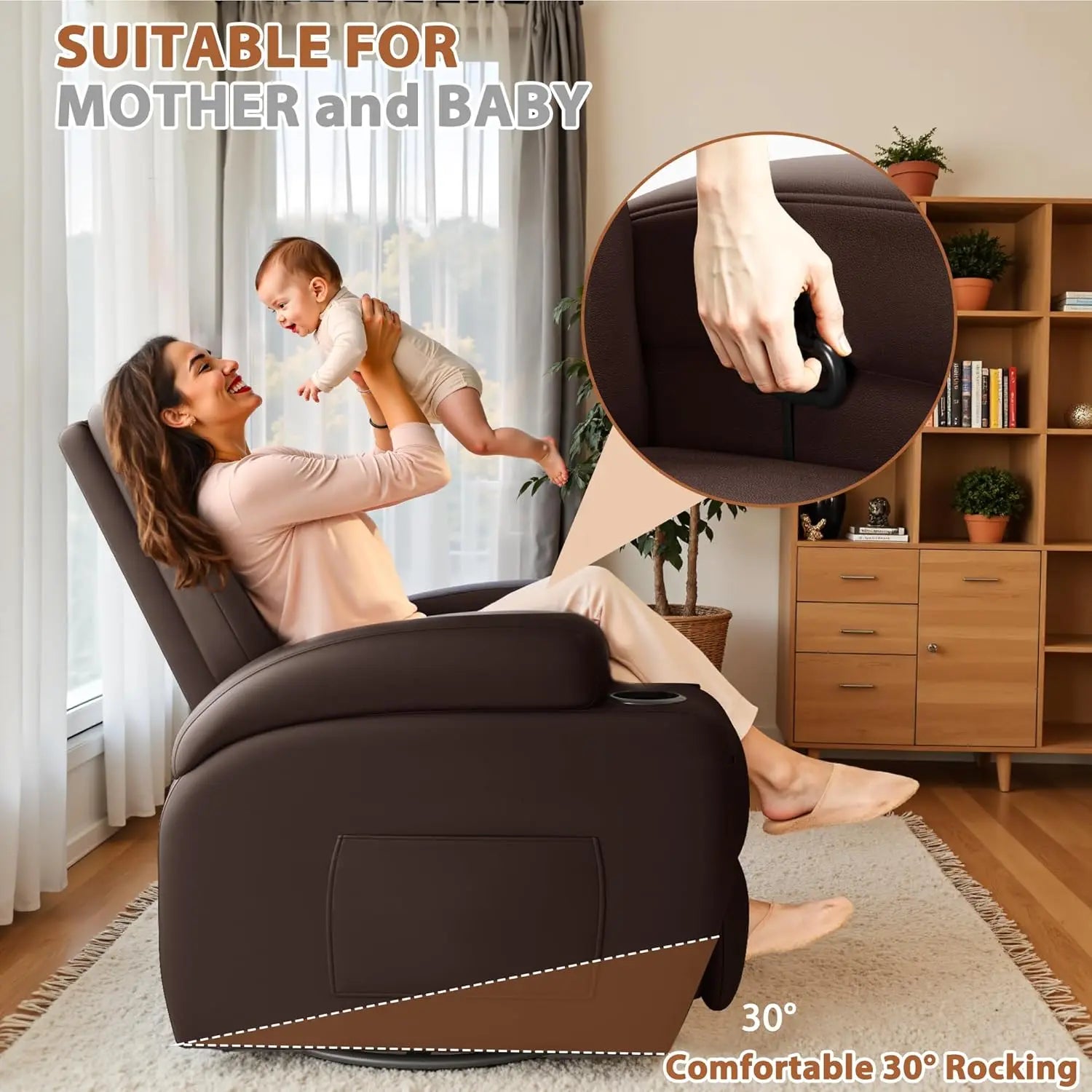 #Swivel Rocker Recliner Chair Vibration Massage 360° Ergonomic Lounge Cup Holders Leather Brown, Customized