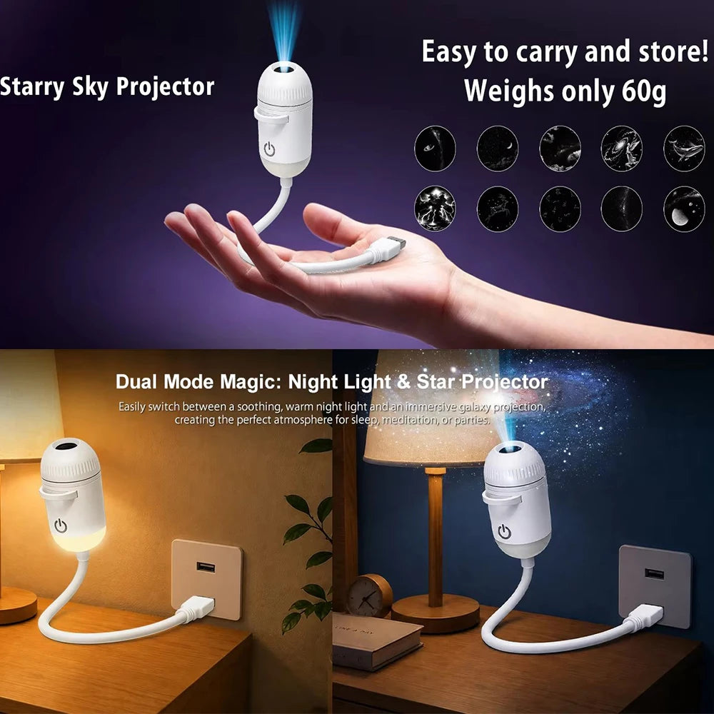 Mini USB Bedside Night Light Projection Ambient Light 36 Slides Galaxy Starry Sky Projector Lamp for Home Room Decor Kids Gifts