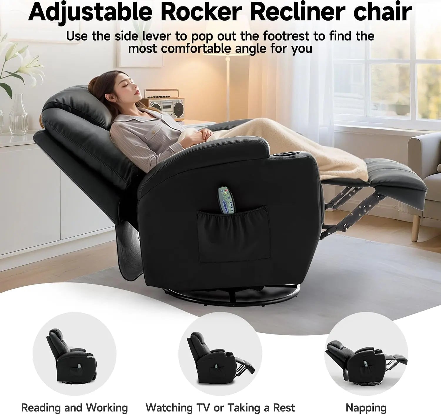 Recliner Chair, Rocking Chair with Massage and Heat, 360° Swivel Recliner Chairs for Adults, Rocker Manual Recliner