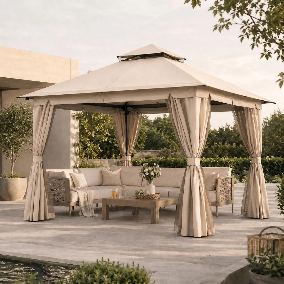 10'x13' Gazebo Metal Canopy Shelter with Double Roof Mosquito Netting & Privacy Curtains for Backyard Garden Deck, Customized
