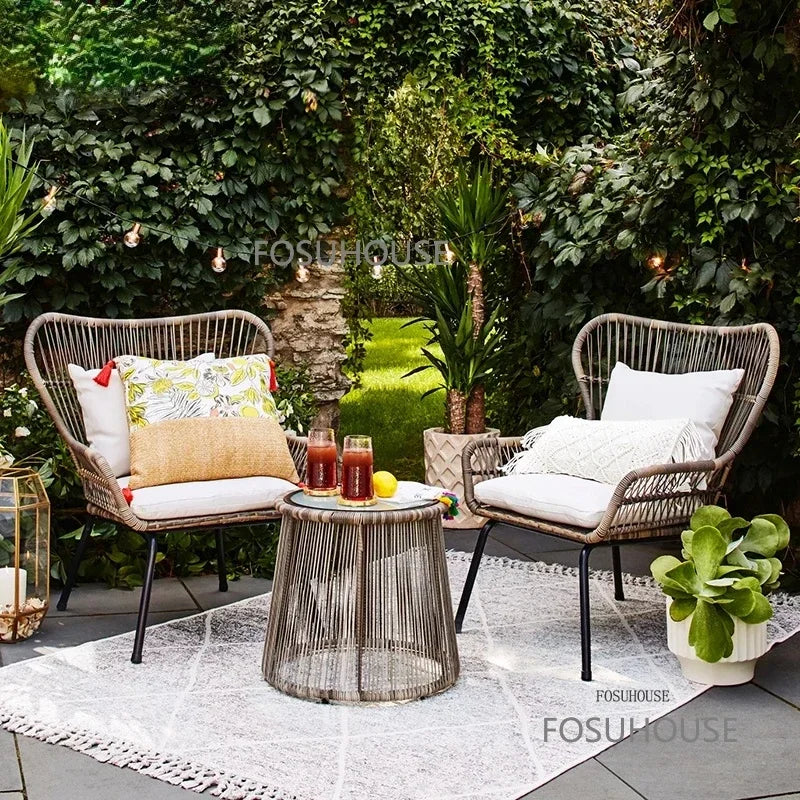 Terrace Rattan Chairs Tea Table Three Piece Set Modern Outdoor Furniture For Balcony Courtyard Garden Leisure outdoor Armchair