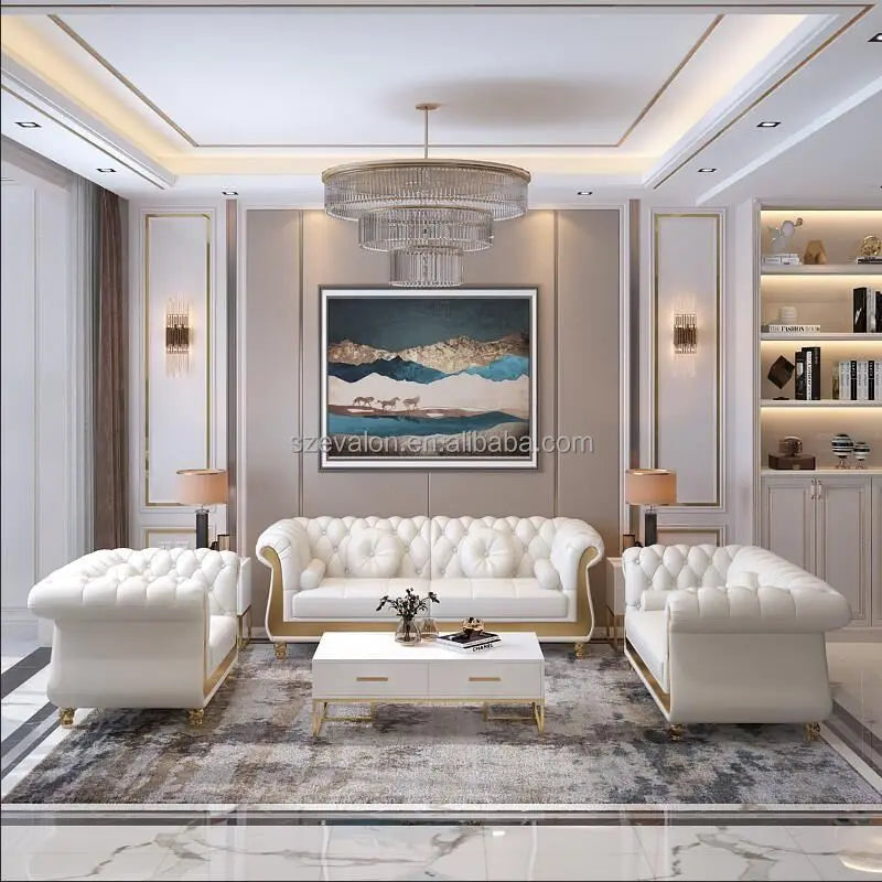 High Quality Italian Leather Modular Sofa Set White Villa Sofa for Living Room & Hotel Genuine Leather Furniture